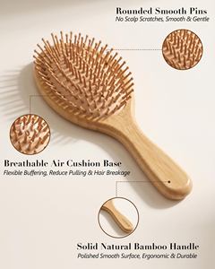 Brosse à cheveux en bambou naturel pour massage du cuir chevelu, démêlage des cheveux bouclés, peigne pour cheveux secs et humides avec logo - Product Image 5