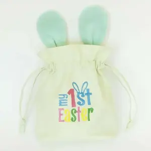 Mini bolso de caza de huevos de Pascua, bolsas de mano en blanco personalizadas, bolso con cordón de lona de Pascua bordado con monograma