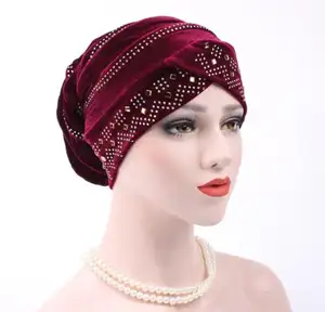 工厂供应批发迪拜拉伸天鹅绒头发裹头巾帽子低起订量印度穆斯林女士打结头巾