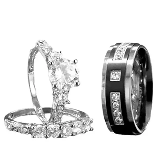 Лидер продаж, его и ее комплекты, 3 шт., набор из стерлингового серебра, свадебные кольца, наборы для пары, обручальные кольца, 925 серебро