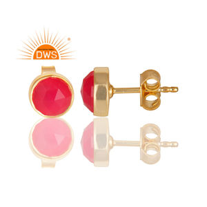 Tiny Pink Chalcedony Studs 14K Gold Plated Jewelry Venta al por mayor Designer Sterling Silver Stud Pendientes Vintage Collection - Product Image 3