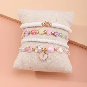 Pink Sweet Candy Farbe Blume Perle Perlen Armband Nettes Herz Charme Heishi Polymer Clay Perlen BFF Armband