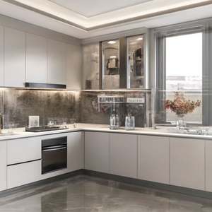 Armoires de cuisine en forme de L modernes et minimalistes SANTOPOVA, panneaux de porte mats, quartz, granit, évier imperméable, charnières pour appartements - Product Image 1