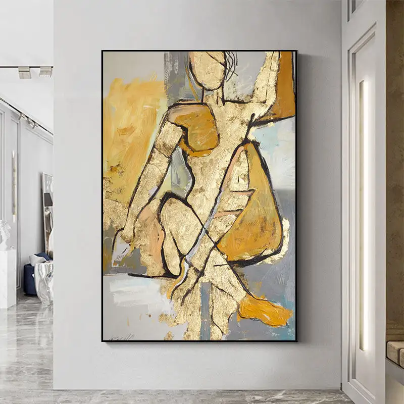 لوحات زيتية جدارية للسيدات, لوحات زيتية يدوية الصنع لعام 100% على شكل امرأة عارية حديثة مرسومة يدويًا باللون الذهبي الجداري