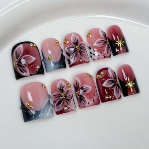 <span class=keywords><strong>Uñas</strong></span> Postizas Acrílicas Hechas a Mano TSZS 2026 Otoño, Diseño <span class=keywords><strong>de</strong></span> Leopardo Degradado <span class=keywords><strong>con</strong></span> <span class=keywords><strong>Flores</strong></span> 3D, Color Marrón Oscuro, Forma Cuadrada Corta, Duraderas - Product Image 3