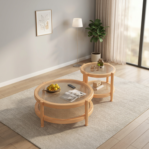 Modern Rattan <b>Coffee</b> <b>Table</b> <b>Set</b> <b>Nesting</b> Living Room Furniture With Storage Shelf Scandinavian Style - Product Image 3