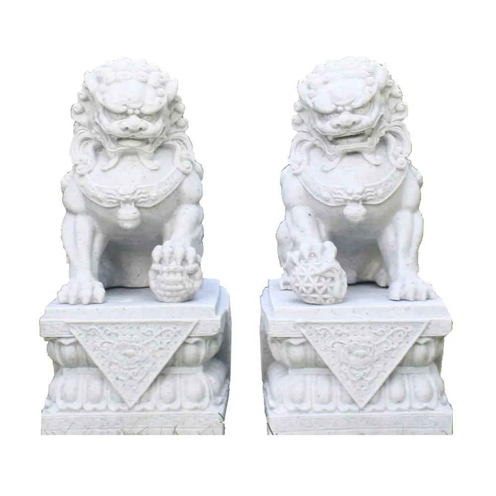 Statue de chien Fu chinois en marbre blanc, paire de poupées en pierre, Sculpture de jardin
