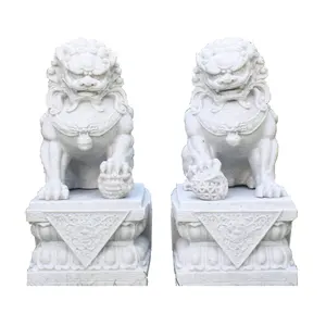 White Marble Chinese Fu Dog Statue Pair Stone Garden Sculpture