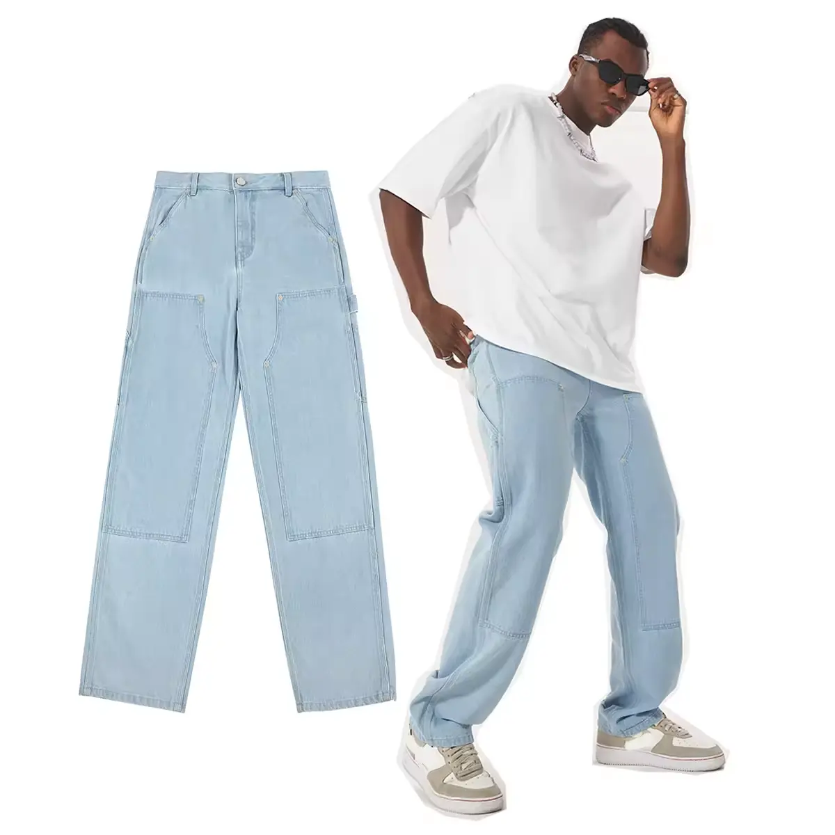 Men's Solid Double Knee Work Jeans Denim Painter Pants Custom Carpenter Jeans cargo pants men's jeans