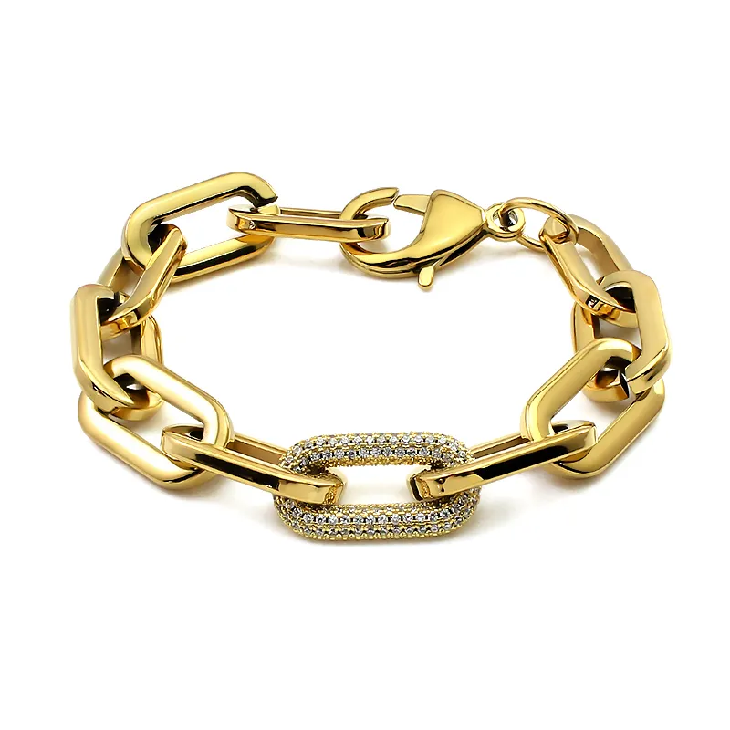 Stainless Steel Crystal Link Chain Bracelets for Women Men Exaggerated Gold Color Thick Big Bracelets Bangle Geometric Links