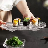 Plateau de service en verre transparent à bords ondulés irréguliers, style japonais, pour sushis, fruits, apéritifs