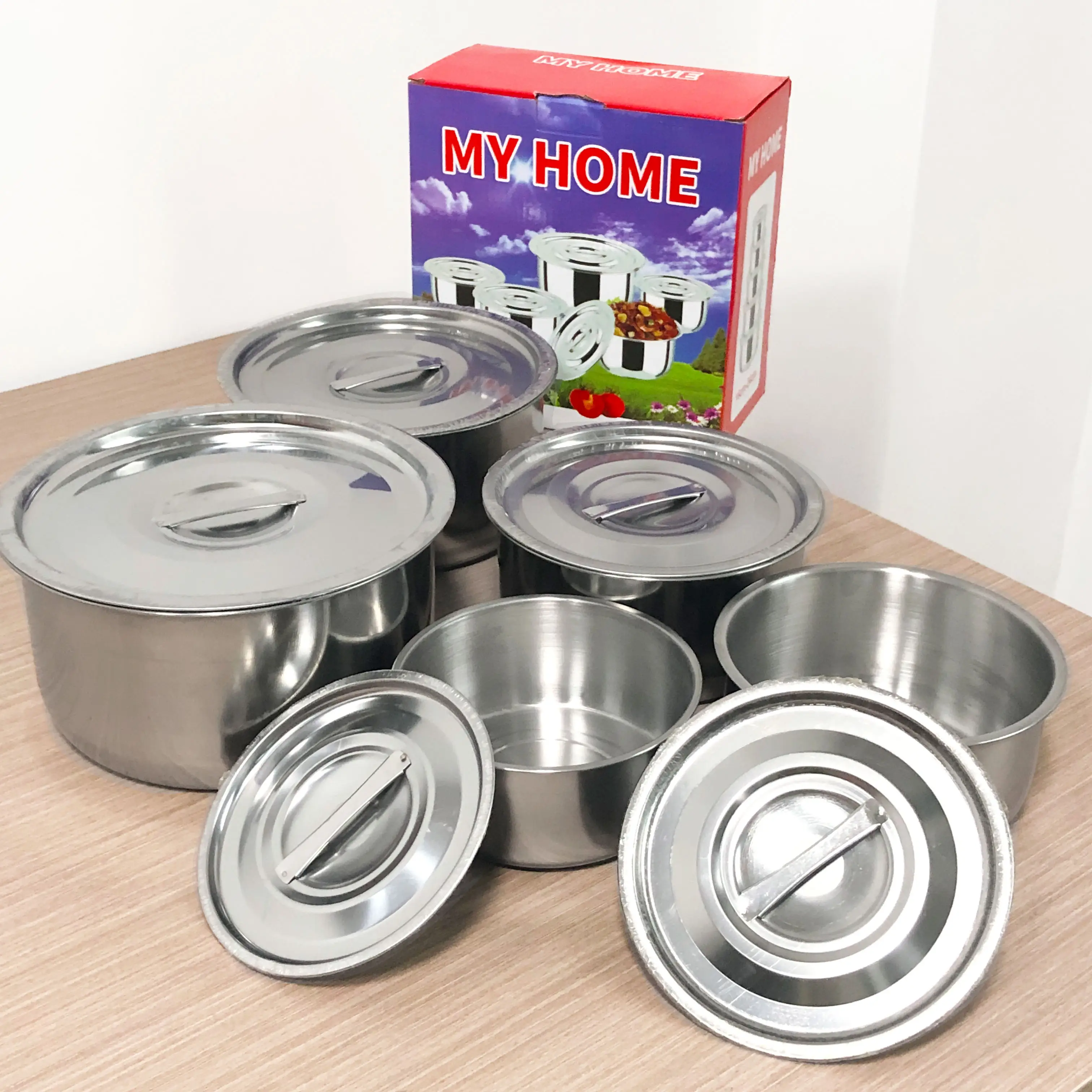 Preisgünstige 5-teiliges Suppen-Versand-Küchen Schüssel Kochgläser Töpfe Küchenutensilien Lebensmittel-Aufbewahrungsbehälter Edelstahl-Kochgeschirr-Sets