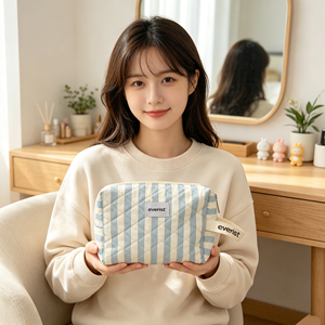 Breathable Cotton Striped Quilted Makeup Bag Convenient Hand Grip Design <b>Cosmetic</b> Bag Travel Toiletry <b>Organizer</b> Bag for Skincare - Product Image 6