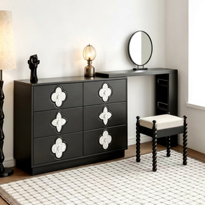 Premium Quatrefoil Inlay 6-Drawer Dresser Detachable <b>Vanity</b> Desk Set With <b>Mirror</b> & Bobbin Stool For Bedroom - Product Image 1