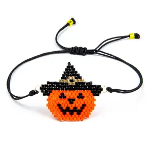 wholesale custom oem handmade girls fashion woven miyuki seed beads braided pumpkin charm halloween bracelet jewelry women