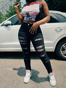 Jeans skinny déchirés pour femmes rondes, en denim noir extensible, avec imprimé arc-en-ciel sous les déchirures, taille plus, pantalon streetwear - Product Image 4