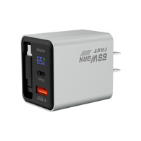 Nouveau chargeur GaN 65W à charge rapide 2026 avec câble rétractable et affichage numérique de la puissance, universel pour téléphones, ordinateurs portables et tablettes