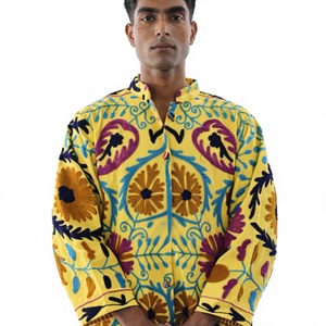 Custom Floral Embroidery Leather <b>Jacket</b> Boho Style Unisex Handmade Luxury Ethnic Wholesale <b>Mandarin</b> <b>Collar</b> Customizable Logo - Product Image 1