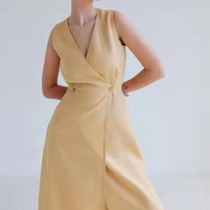 Vestido de Lino Beige Sólido al por Mayor para Mujer, con Logotipo Personalizado, Sin Mangas, Estilo Casual, Largo Maxi, para Primavera, Tejido de Alta Calidad - Product Image 5