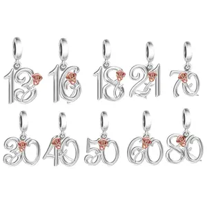 Fit Original Bracelet Necklace Jewelry 925 Sterling Silver Rose Flower Lucky Number Birthday Beads Charms Anniversary