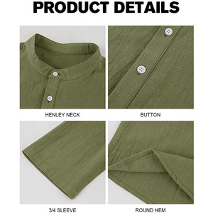 Shinesia Factory <span class=keywords><strong>Outlet</strong></span> Camisa de lino de algodón con cuello Henry de manga media Hawaiana de color sólido para <span class=keywords><strong>hombre</strong></span> - Product Image 2