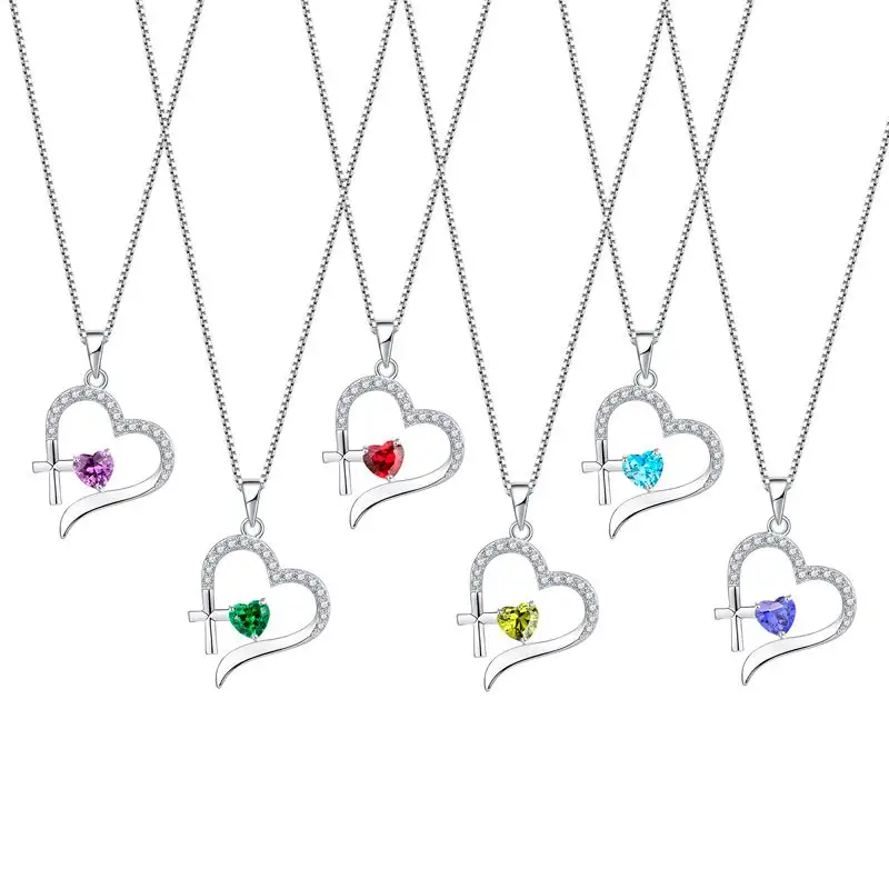 Fashion Jewelry Manufacturer Women 2023 New 925 Sterling Silver BirthStone Cross Necklace Heart-Shaped Crystal Pendant Necklace