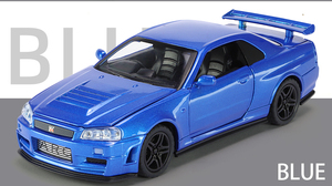Voiture miniature Nissan <span class=keywords><strong>GTR</strong></span> <span class=keywords><strong>R34</strong></span> en alliage moulé sous pression, échelle 1:32, haute qualité, avec son et lumière, 4 portes ouvrables, batterie incluse, emballage en boîte, pour enfants - Product Image 3