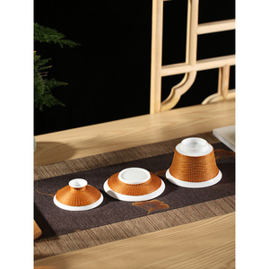 Dehua White Porcelain Gaiwan Three Piece <b>Set</b> With Bamboo Weaving Lid For Kung Fu <b>Tea</b> - Product Image 2