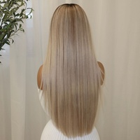 Perruque en cheveux humains Remy, blonde avec mèches, cheveux longs et raides, racine foncée, perruque entièrement en dentelle avec frange, ligne de cheveux naturelle