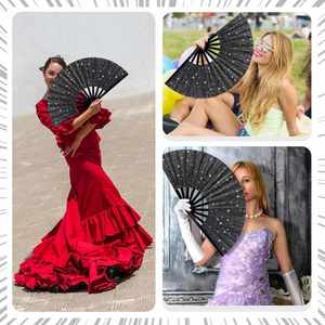 Éventail Pliant en Bambou Écologique 33 cm, Motif Artisanal Musical, Finition Pailletée Argent et Noir, avec Étui en Tissu Peint – Grande Vente - Product Image 5