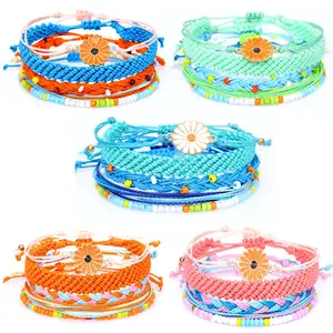 5 Cái/bộ Boho Handmade Daisy Flower Charm Sáp Chuỗi Đàn Ông Của Phụ Nữ Bện Hữu Nghị Rope Bracelet Set Trang Sức