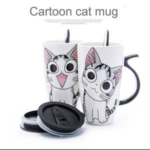 Hochwertige Phantasie Design Heide Kreative Glasur Katze Keramik becher Mit Deckel Löffel Cartoon Milch Tee tasse Porzellan Tasse Set - Product Image 1