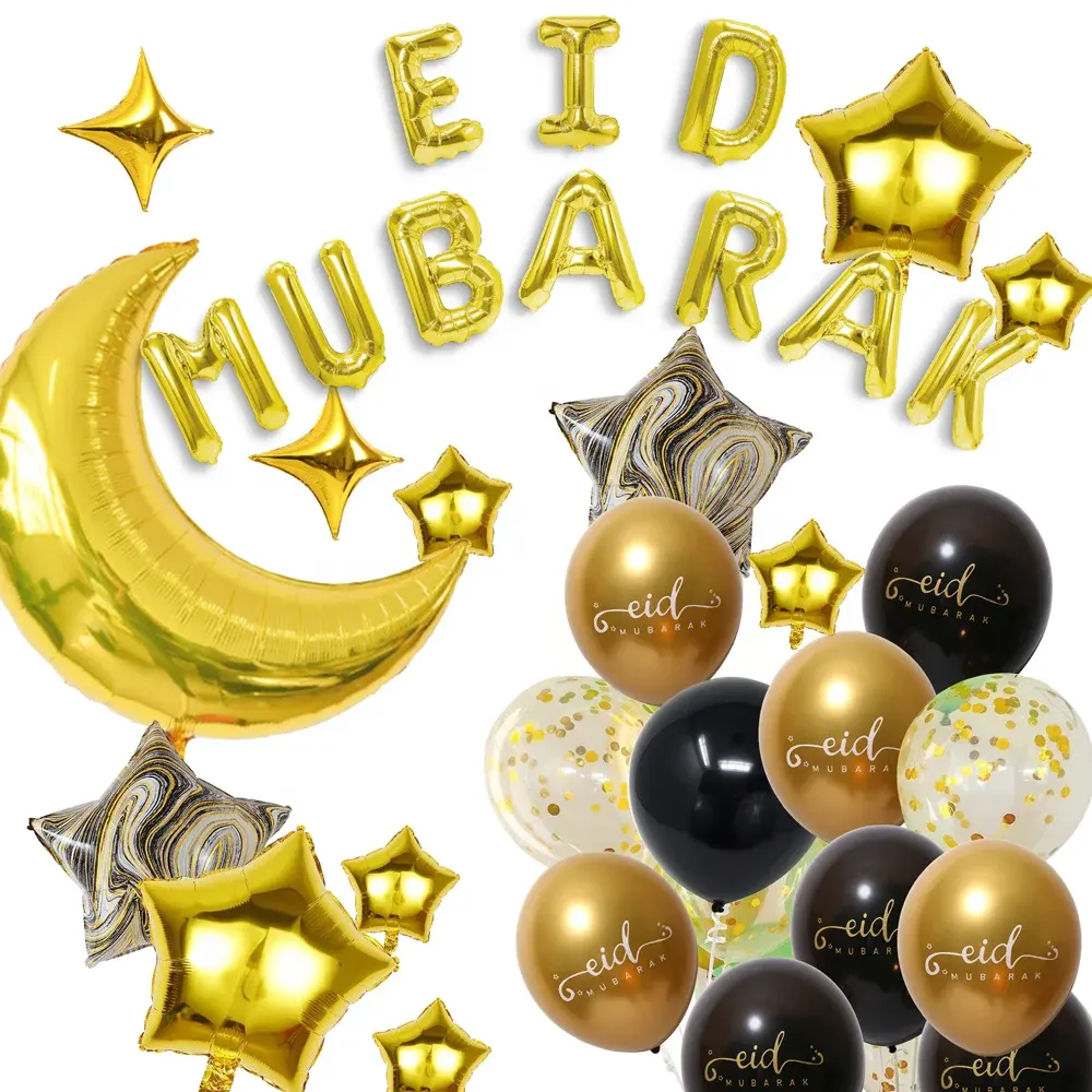 Balão de Eid de ouro para casa, balão de látex e mubarak, guirlanda de ágata preta, decoração para festas em ambientes internos, ideal para Eid