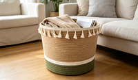 Panier de rangement en corde de coton tressée avec pompon, couvre-pot de plante décoratif, organisateur domestique pour jouets de bébé, couvertures et linge