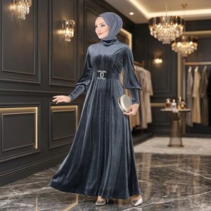 Elegant Satin Floor Length Anti-Wrinkle Handmade Dubai <b>Abaya</b> <b>Dress</b> High Neck Long Sleeve Flared Hem Beaded Belt Women's Party - Product Image 2
