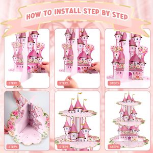 DAMAI 3 Tier Princess Birthday Cupcake Stand Floral Princess Cupcake Holder Pink Castle Crown Carriage Postre Tower - Product Image 5