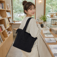 2026 Schwarze Cord-Tragetasche mit Reißverschluss und Vordertasche Weiche Wiederverwendbare Schultertasche für Arbeit Reisen Einkaufen Individuelles Logo Großhandel