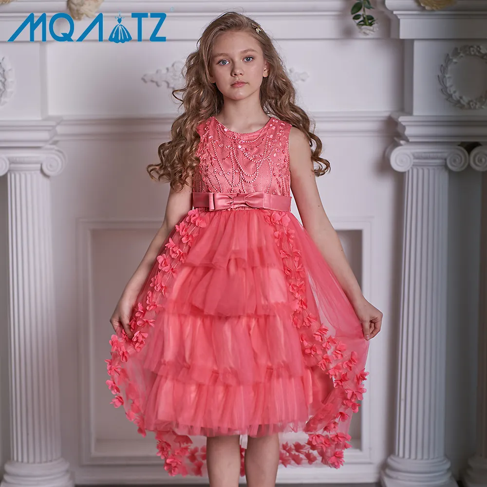 MQATZ नवीनतम मॉडल गुलाबी लंबे समय से पीछा बच्चों पार्टी पोशाक 6-10 साल जन्मदिन लड़की केक स्तरित फूल फ्रॉक T5399