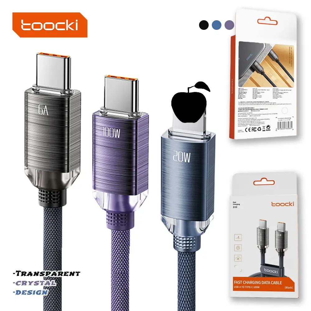 Toocki meistverkauftes 2.4A 6A typ-c-kabel 20W 60W 100W kristall-aluminium-datenkabel für iphone usb-schnellladekabel