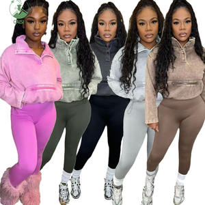 Setelan 2 Potong Hot Cotton Pakaian Wanita Hoodie Polos dan Legging Acid Wash Setelan Jogging Musim Dingin dan Semi untuk Wanita - Product Image 2