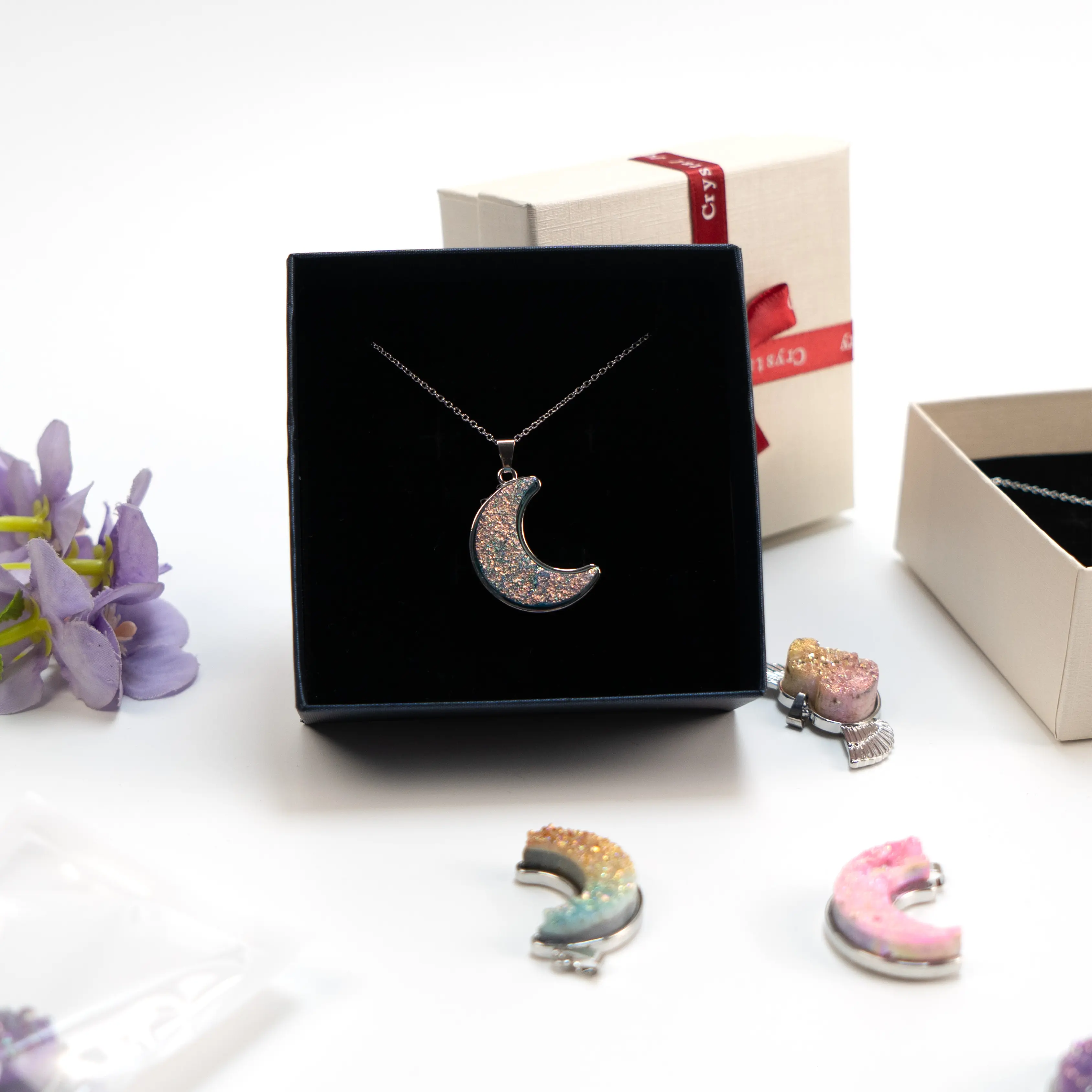 Necklace Silver Aura Natural Gemstone Pendant Star Shaped Moon Hearts Crescent Crystal Druzy Agate Pendants with chain Box set