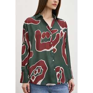 Camisa de Satén con Estampado de Mango para Mujer, Blusa Casual con Botones, Uso Diario, Patrón Verde y Rojo, Manga Larga - Product Image 5