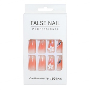 Boîte de 24 faux ongles longs à presser, style français, avec colle gelée et strass en alliage, couverture complète - Product Image 6