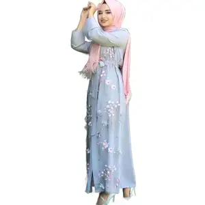 2024 Sederhana 3D bunga bordir Islam gaun renda Kimono bunga kardigan Kaftan Abaya gaun Muslim