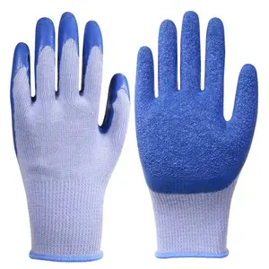 High Quality Comfort light grey cotton knitted yarns Blue latex crinkle palm coating dipped hand safety work gloves
