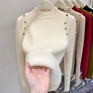 Pull pour femme, col rond, manches longues, coupe ajustée, doublure en polaire, épais et chaud, pour l'hiver - Product Image 5