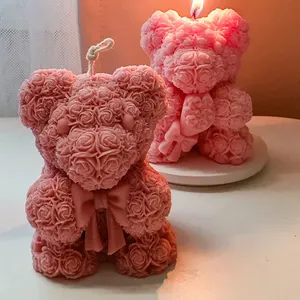 Cadeau Saint Valentin En Gros Mignon Animal Rose Ours Fleurs Non Toxique Cire De Soja De Luxe Bougies Parfumées Pour La Fête De Mariage