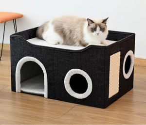 Mode Katzen betten Großes Indoor <span class=keywords><strong>Cat</strong></span> Cave Haustier bett mit flauschigem Ball & Scratch Pad Solid Pattern Wildleder Faltbares Versteck für Katzen - Product Image 3