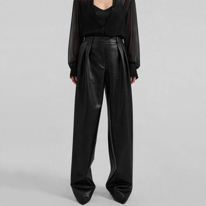 Pantalons droits en cuir lisse à taille haute et à double pli, vêtements de mode OEM de haute qualité pour femmes - Product Image 1