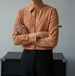 Automne Style italien hommes couleur unie <span class=keywords><strong>chemise</strong></span> grand col et manches longues coupe ajustée haut affaires décontracté Anti-rides - Product Image 3